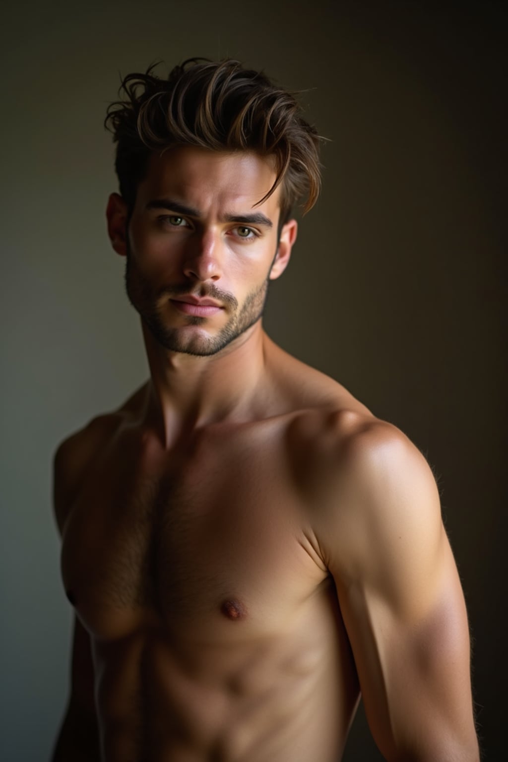 Model in a fine art boudoir style portrait.  Classic pose, intense expression. Soft natural lighting, painterly quality.