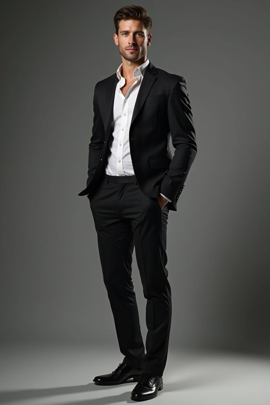 Full body portrait of man in studio lighting.  Confident pose, fitted attire. Professional studio setup, dramatic lighting.