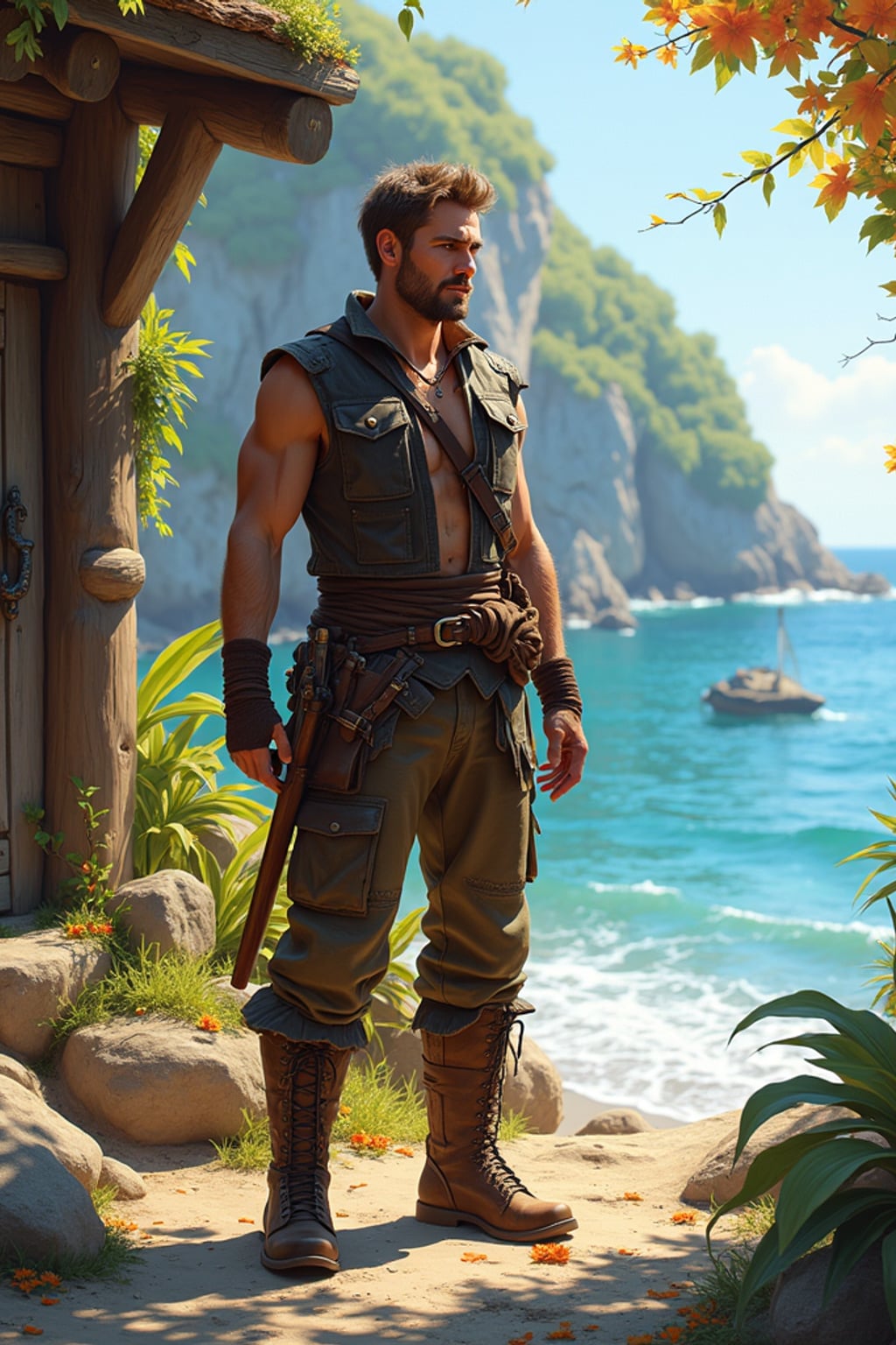 Model standing outside a wooden village by the sea.  Wearing leather vest and rugged boots, carrying tools. Coastal RPG setting, colorful trees, painterly sunlight.
