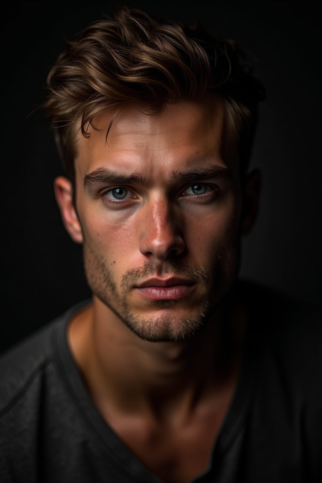 Sensual portrait of man with dramatic Rembrandt lighting.  Intense gaze, confident expression. Studio lighting setup, artistic composition.