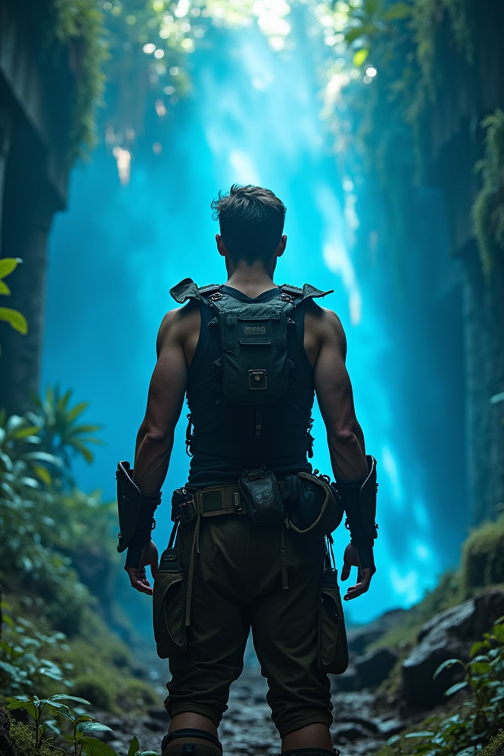Model standing before an ancient jungle temple glowing with blue energy.  Wearing rugged survival armor with utility belt. Overgrown ruins, tropical light shafts, mystical vibe.