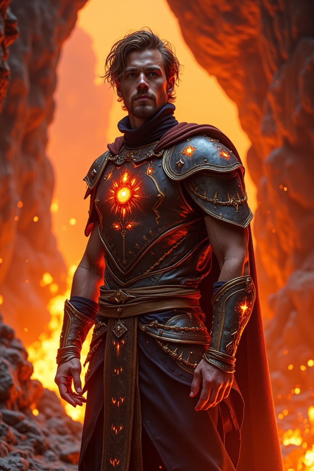 Model inside a magical lava cave surrounded by glowing crystals and firelight.  Wearing enchanted leather armor with glowing glyphs. Fantasy RPG style, molten rock, ritual atmosphere.
