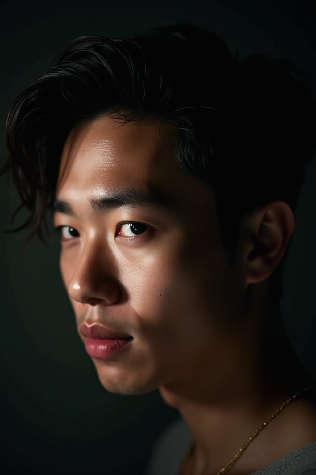 Artistic close-up of man with creative lighting.  Dramatic shadows creating visual interest. Experimental photography style.