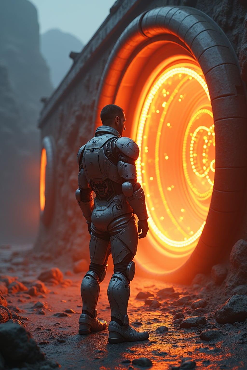 Model standing at the entrance of a glowing alien reactor base.  Wearing an armored exo-suit with glowing core. Sci-fi terrain, cinematic lighting, ultra-detailed tech base, 3D render style.