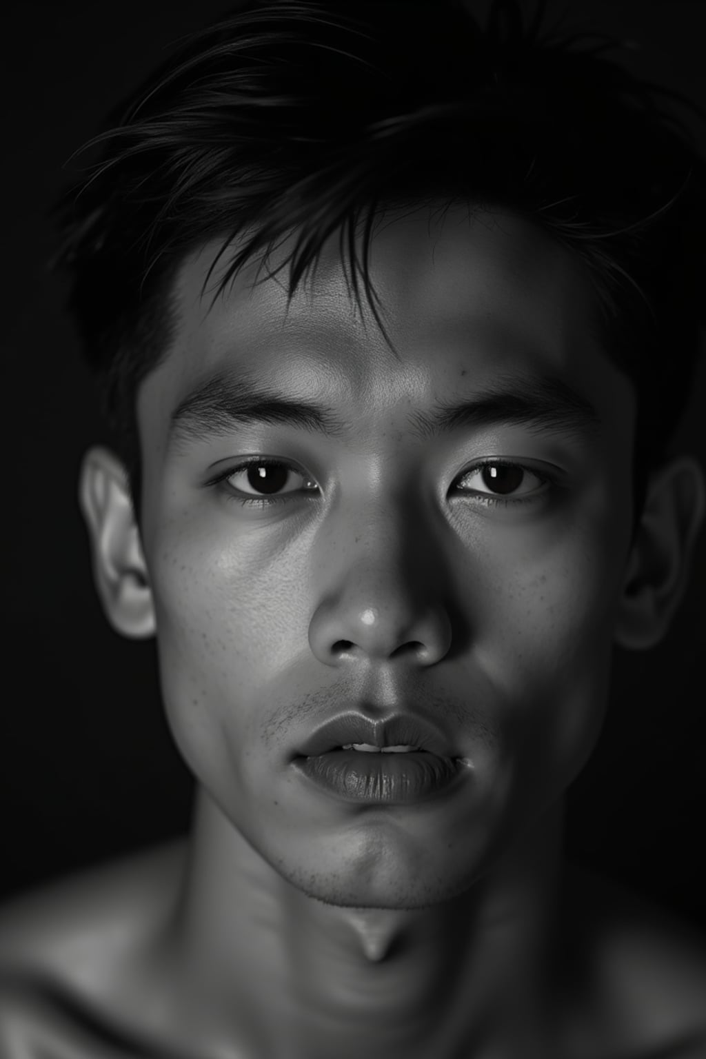 Black and white close-up portrait of man with dramatic shadows.  Strong jawline emphasized by contrast. High contrast lighting, artistic composition.