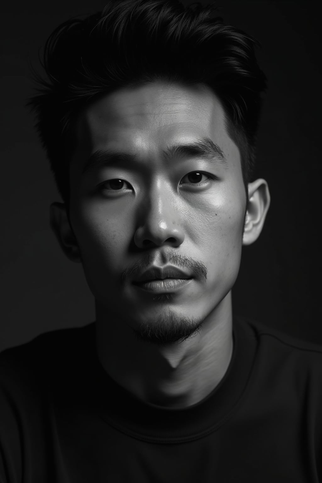 Black and white close-up portrait of man with dramatic shadows.  Strong jawline emphasized by contrast. High contrast lighting, artistic composition.