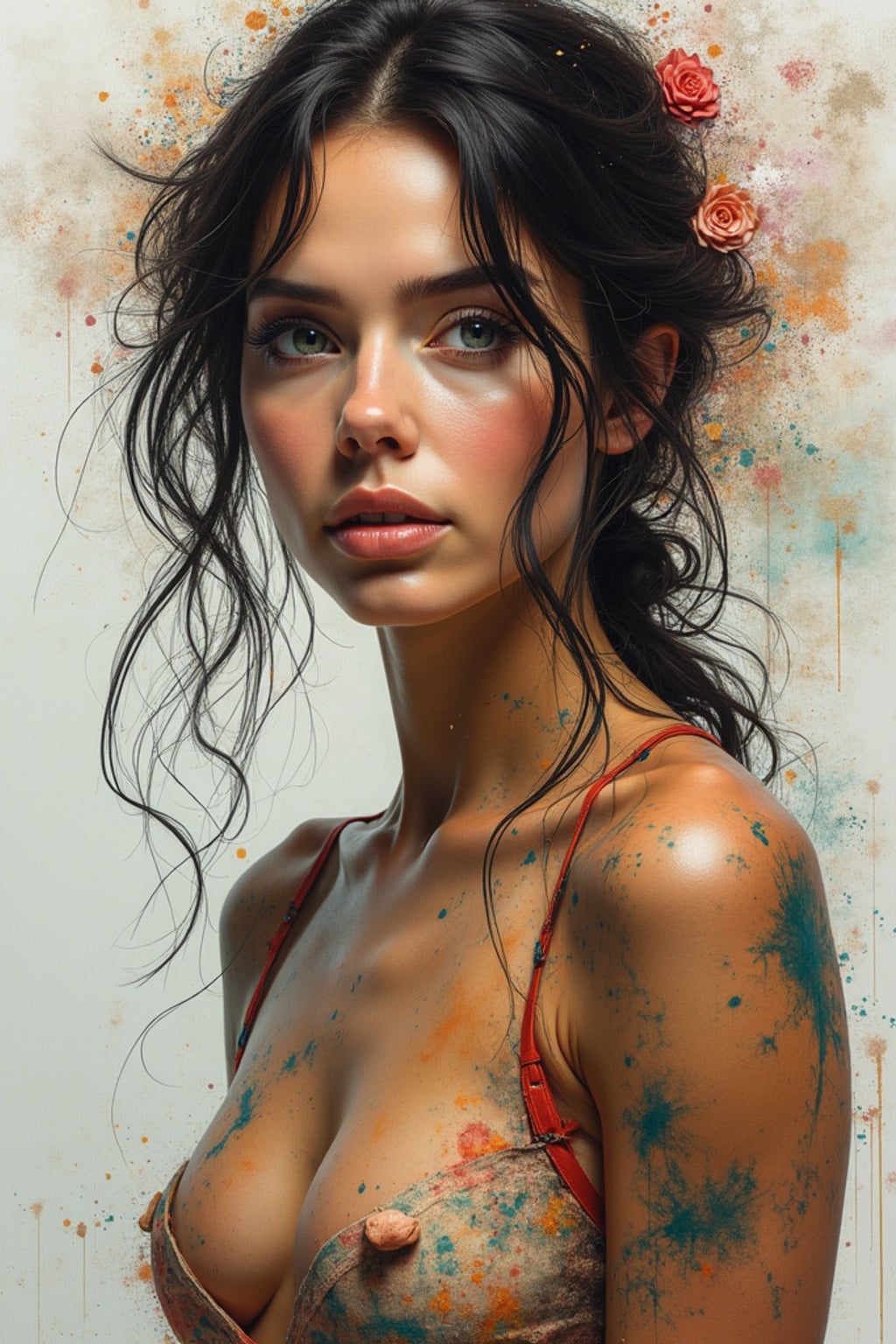 Full body portrait of woman as a mixed media artwork. Combined techniques, artistic depth . Gallery quality art.