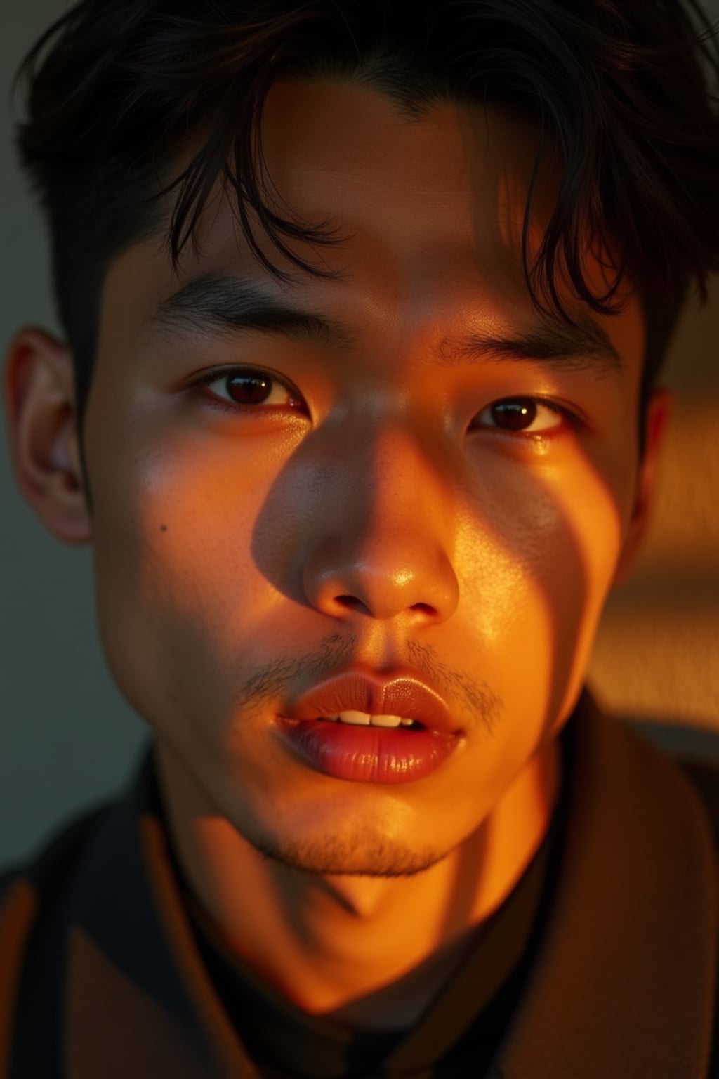 Extreme close-up portrait of man with golden hour lighting.  Strong facial features, warm shadows. Dramatic side lighting, cinematic quality.