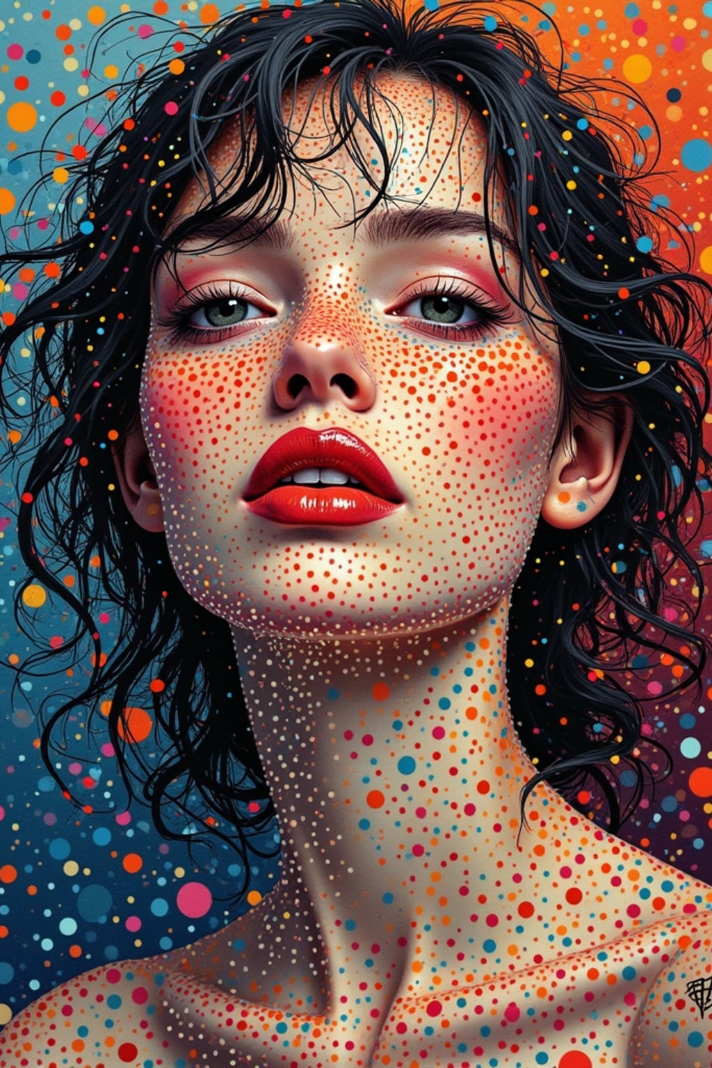 Model transformed into a pointillist painting. Dotted texture, vibrant colors . Seurat-inspired style.