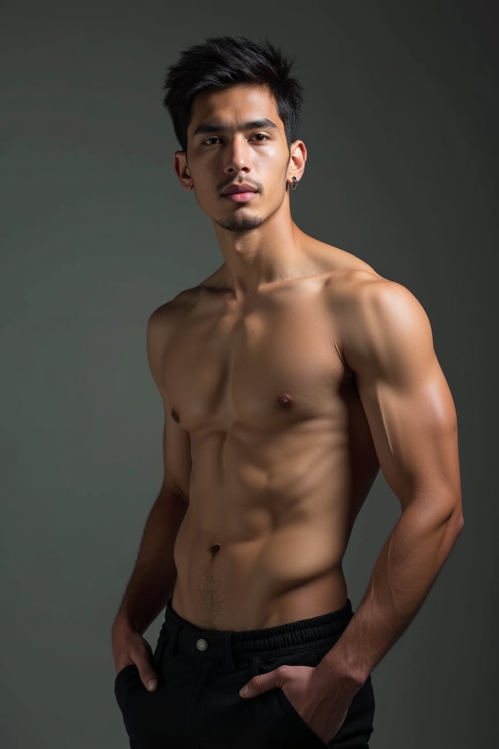 Full body fashion portrait of man.  Full fashion look, confident pose. Professional fashion photography.