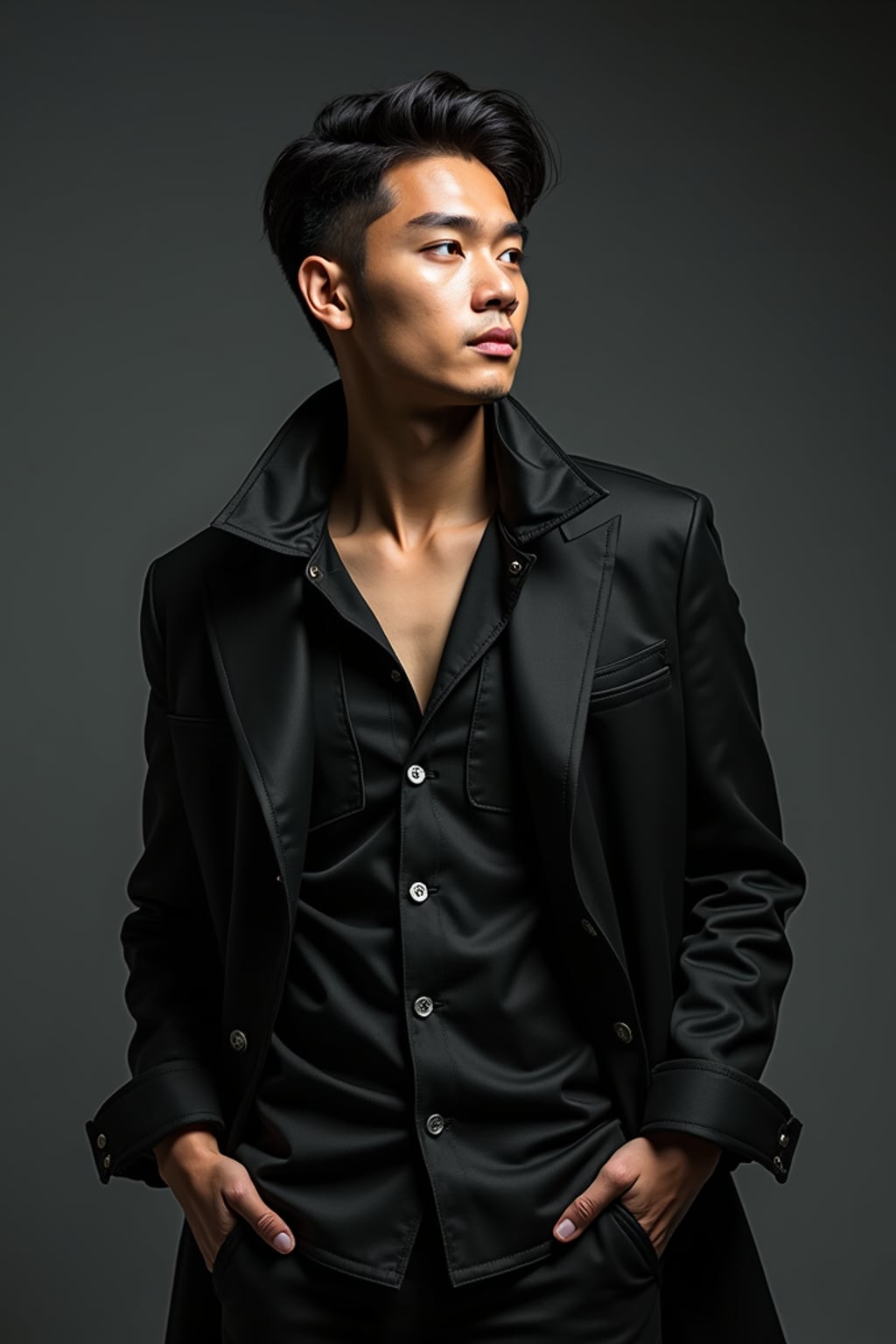 Artistic fashion portrait of man.  Fashion-forward look, intense stance. Creative composition, professional lighting.