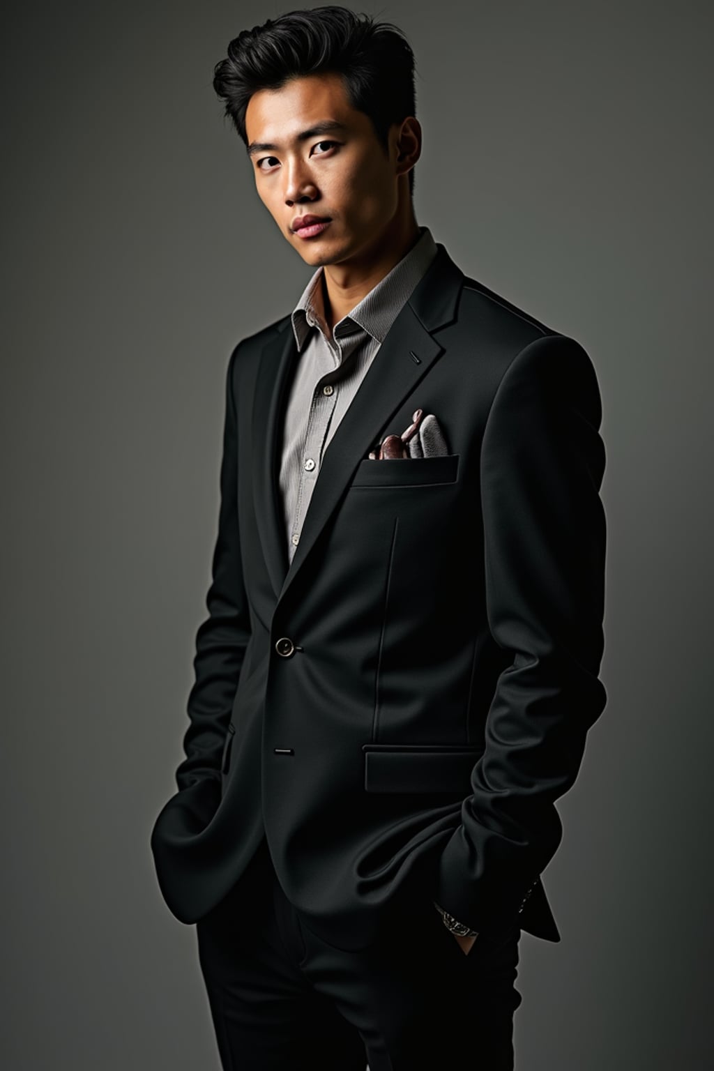 Artistic fashion portrait of man.  Fashion-forward look, intense stance. Creative composition, professional lighting.