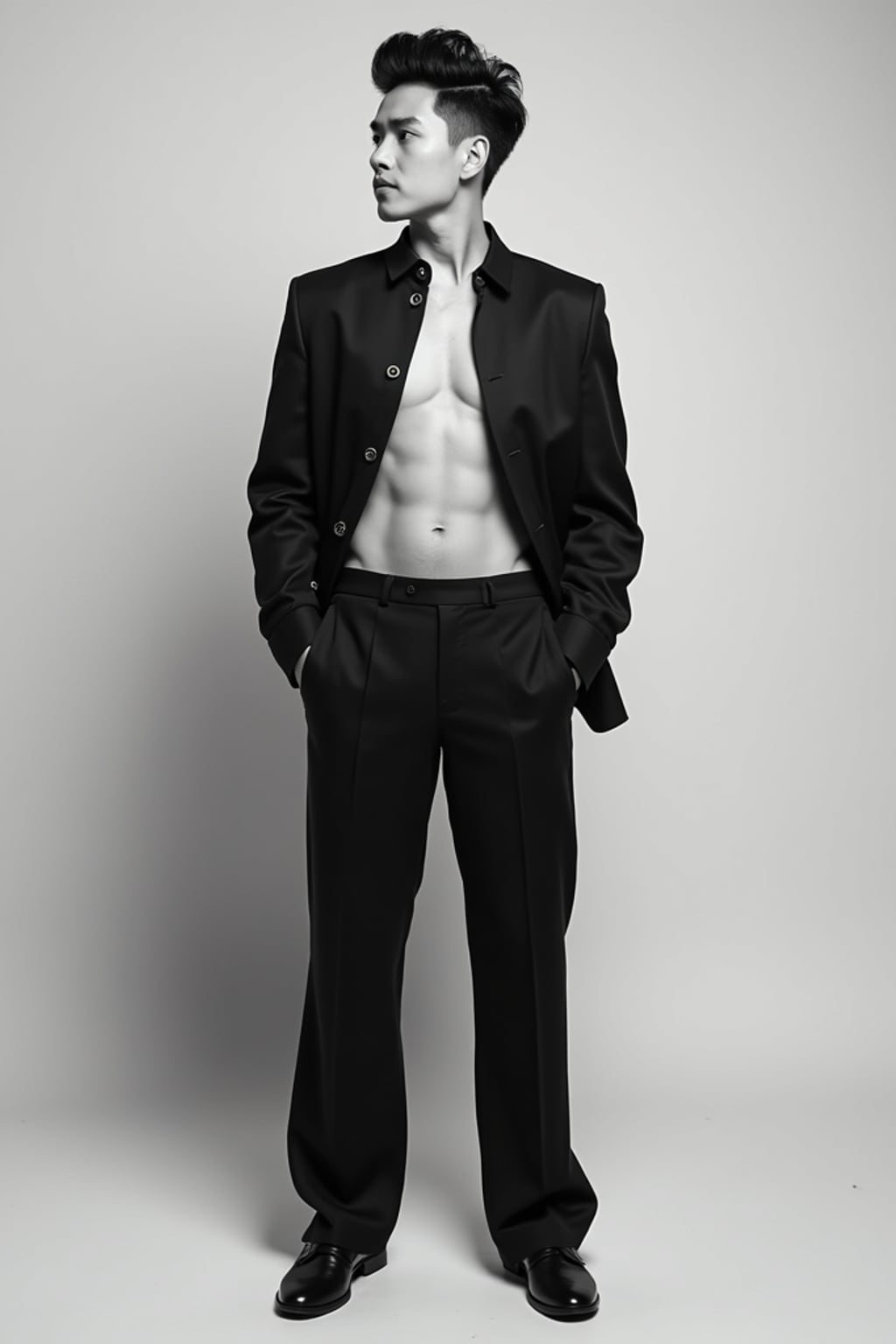 Black and white full body portrait of man.  Bold stance, striking composition. Artistic monochrome photography.
