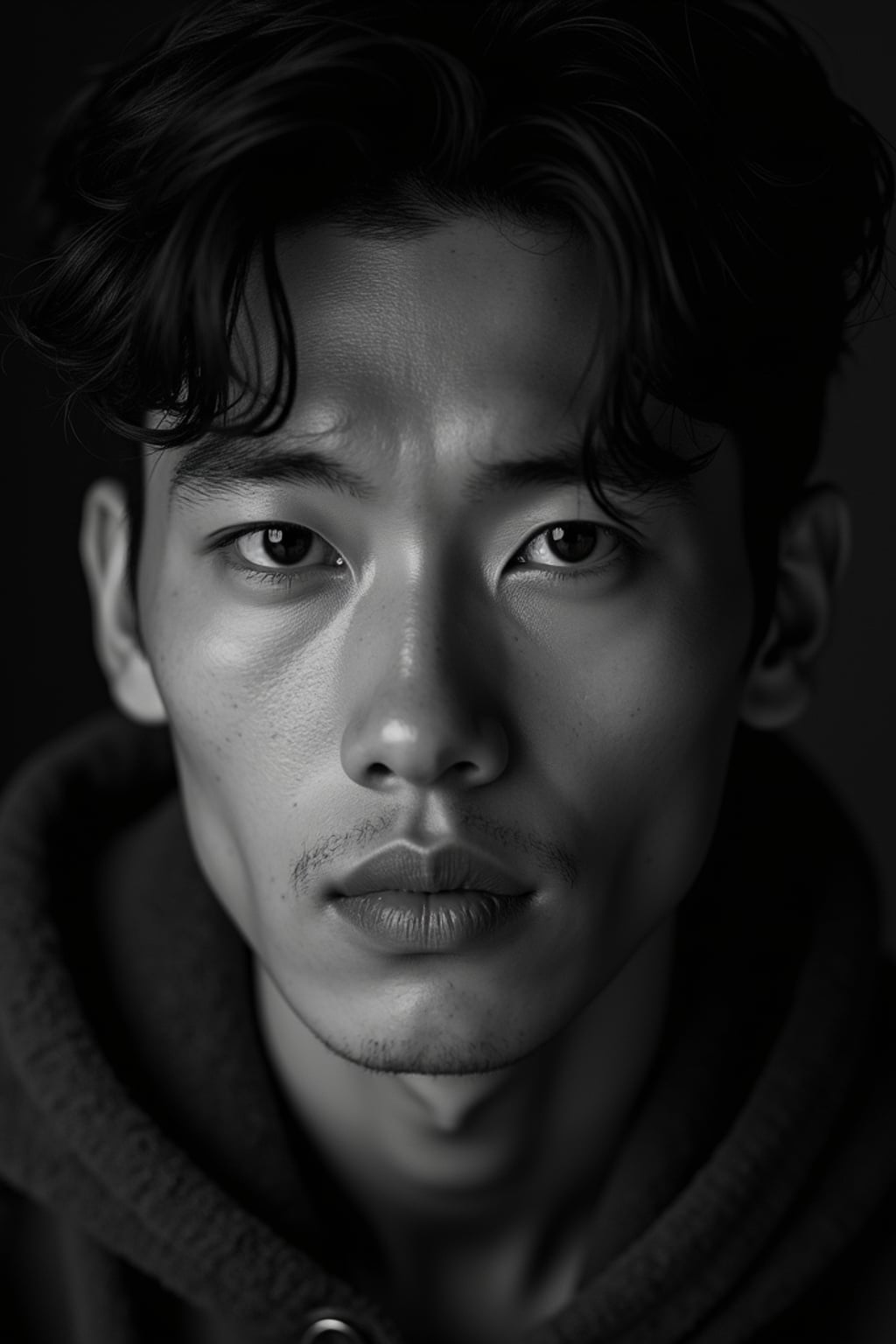 Black and white close-up portrait of man with creative lighting.  Strong features, dramatic shadows. High contrast black and white photography.