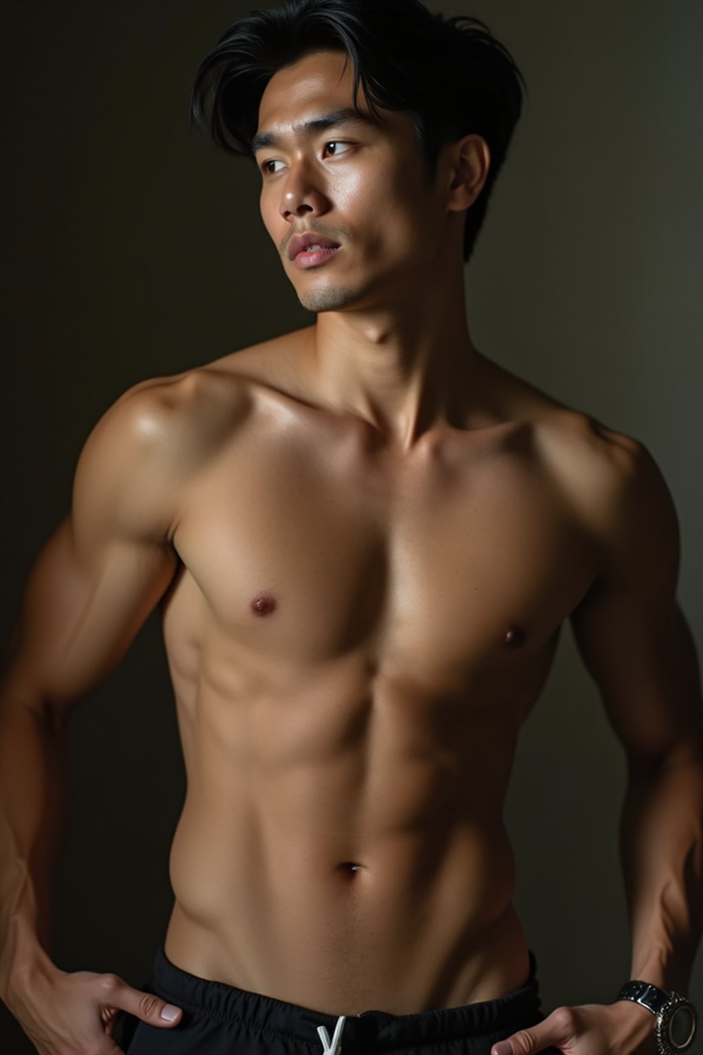 Model in a fine art boudoir style portrait.  Classic pose, intense expression. Soft natural lighting, painterly quality.