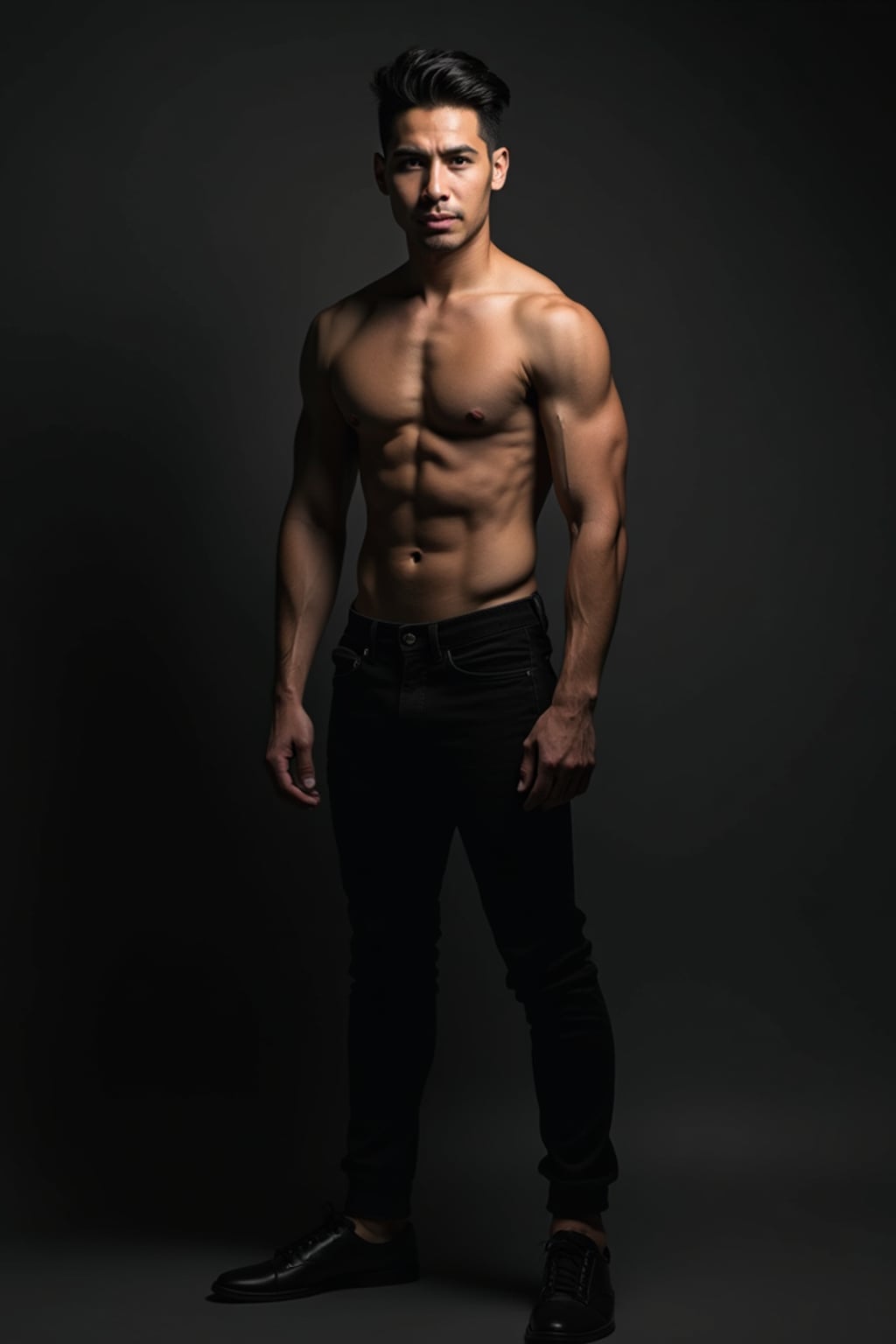 Full body portrait of man in studio lighting.  Confident pose, fitted attire. Professional studio setup, dramatic lighting.