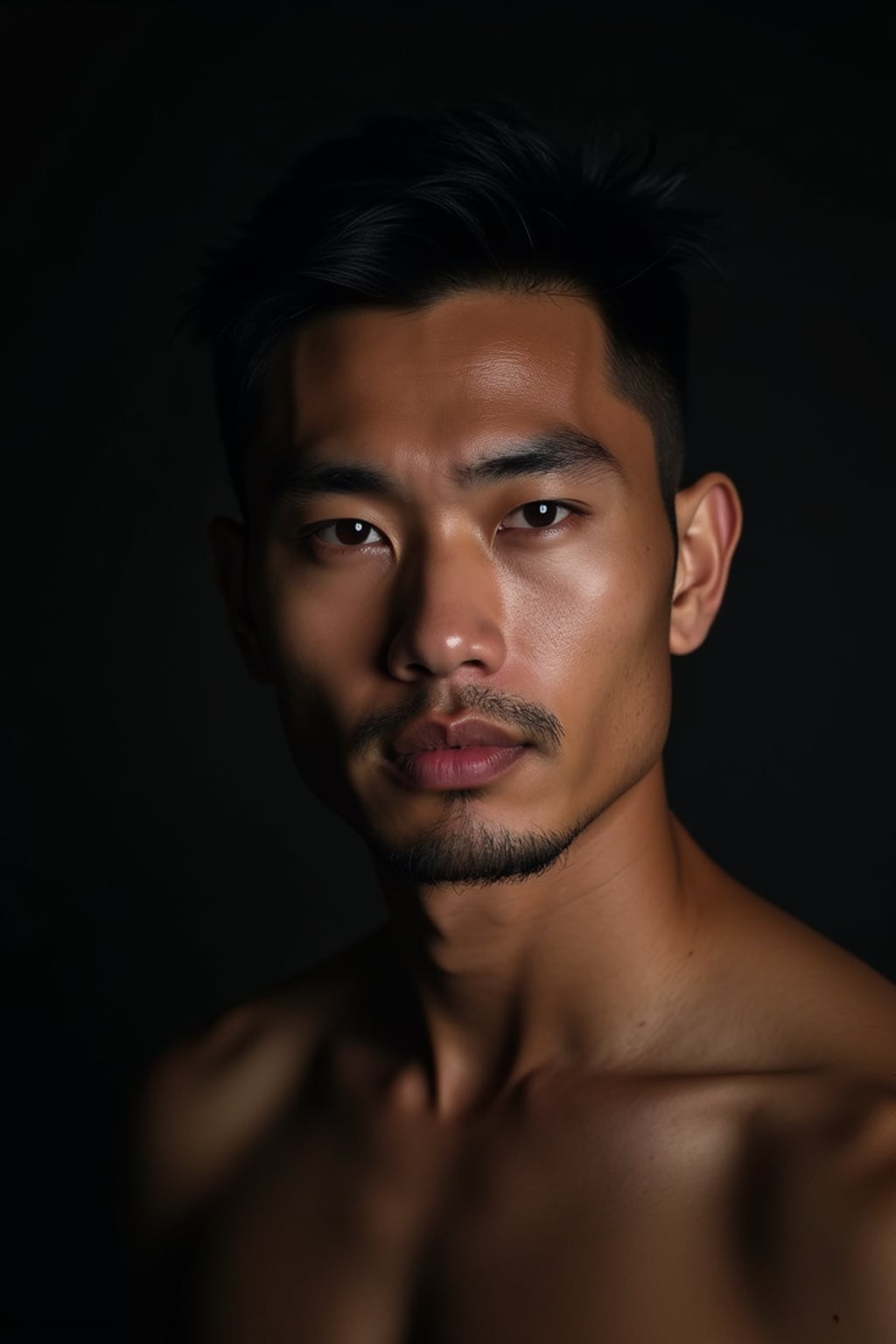 Sensual portrait of man with dramatic Rembrandt lighting.  Intense gaze, confident expression. Studio lighting setup, artistic composition.