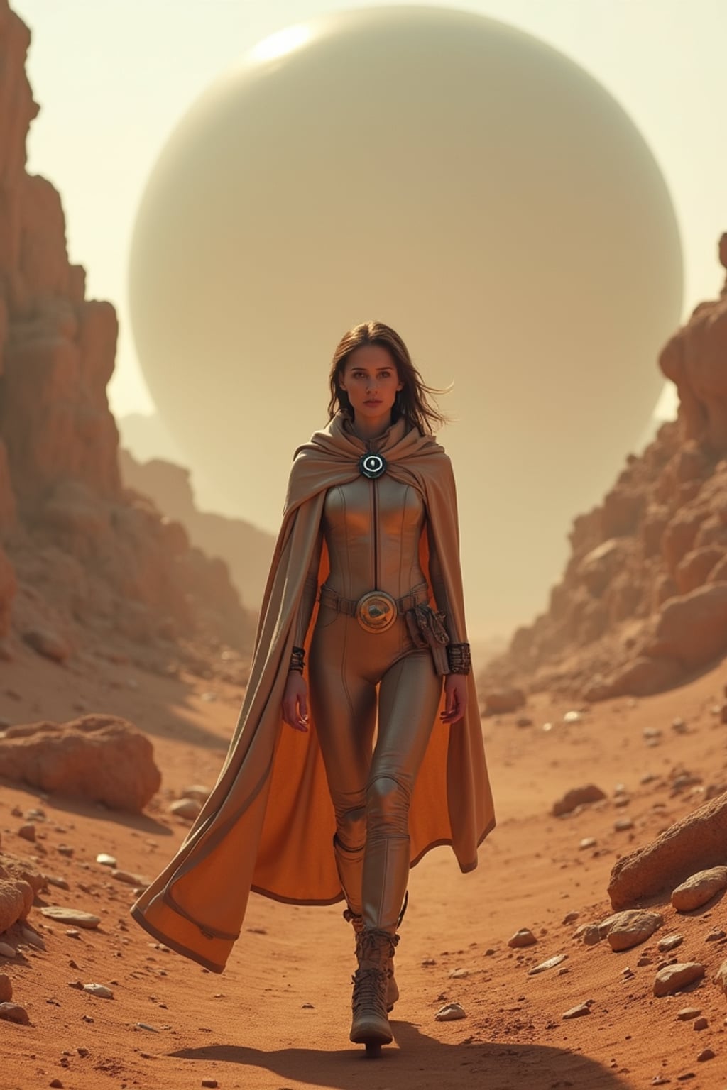 Model walking through a rocky alien desert toward a giant sphere structure. Wearing sci-fi cloak and bodysuit with glowing visor . Futuristic Mars-like terrain, cinematic sci-fi style.