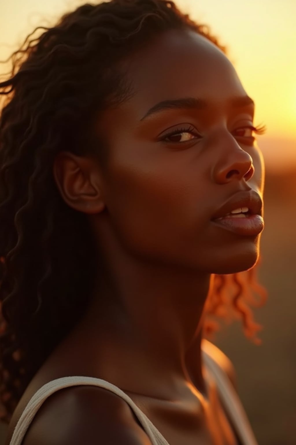 Model in a candid golden hour moment. Sensual expression, warm backlighting . Documentary style with artistic lighting.