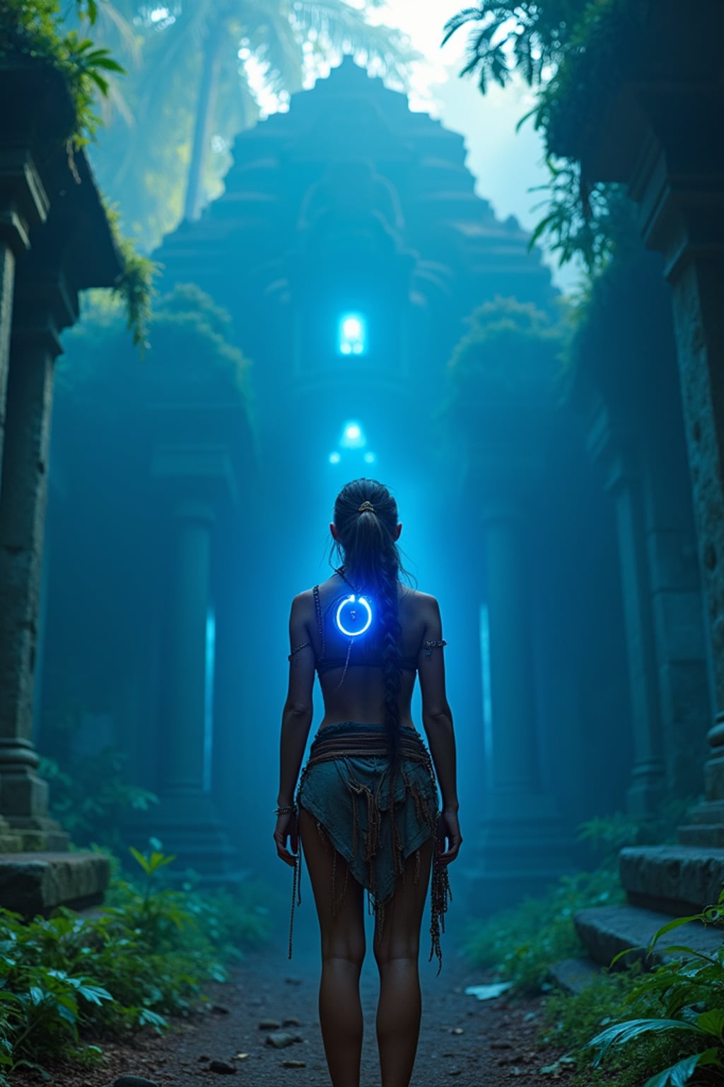 Model standing before an ancient jungle temple glowing with blue energy. Wearing tribal explorer gear, short cloak, glowing necklace . Overgrown ruins, tropical light shafts, mystical vibe.