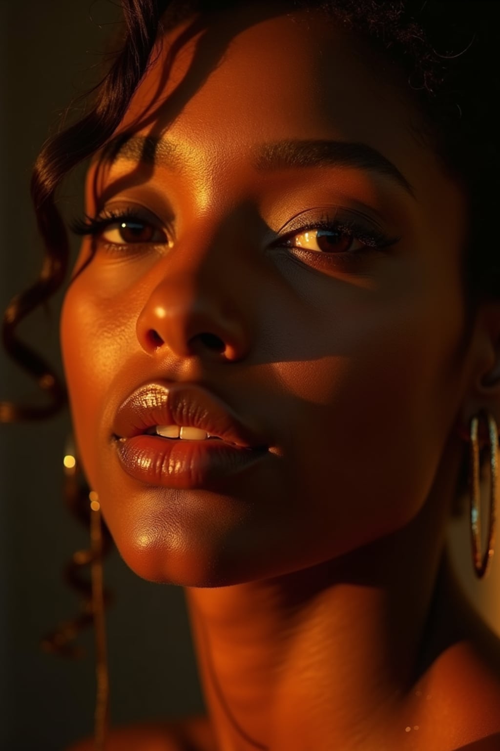 Extreme close-up portrait of woman with golden hour lighting. Glowing skin, sensual features highlighted . Dramatic side lighting, cinematic quality.