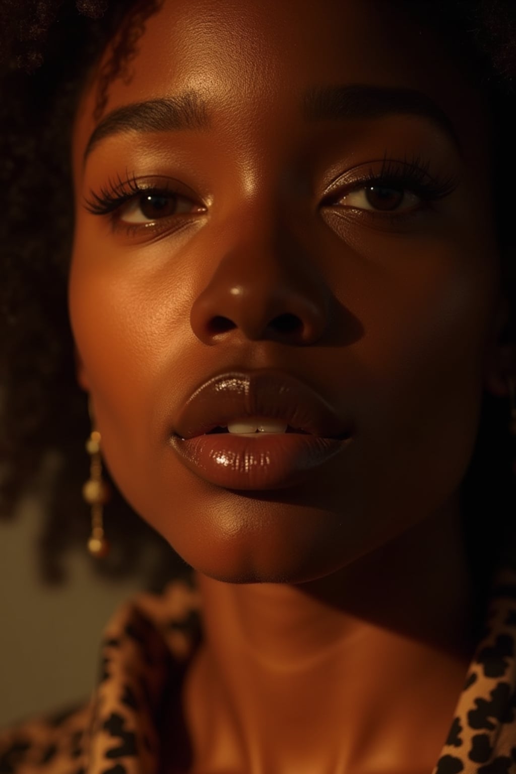 Extreme close-up portrait of woman with golden hour lighting. Glowing skin, sensual features highlighted . Dramatic side lighting, cinematic quality.