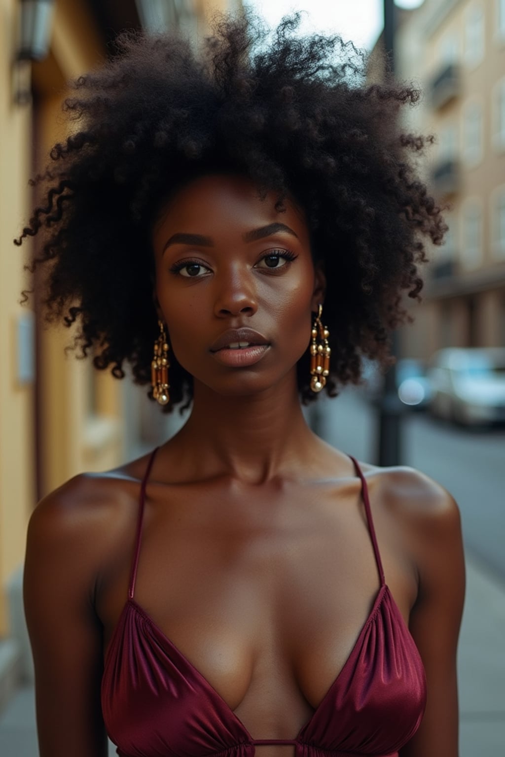 Model in a candid street photography style. Sensual expression, urban setting . Documentary photography aesthetic.