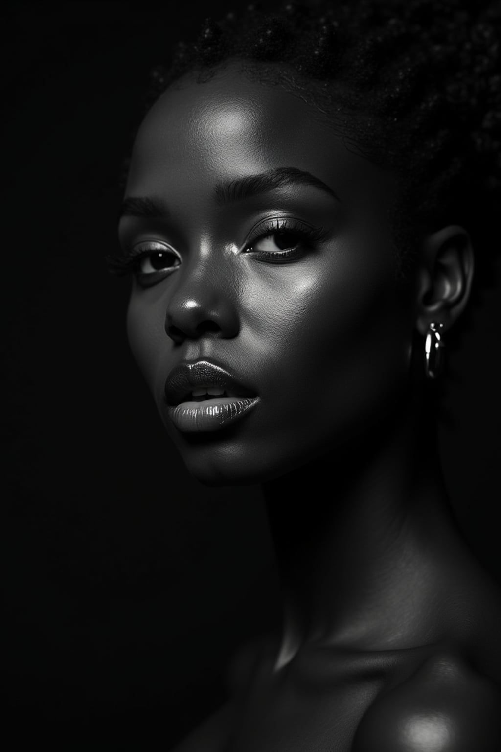 Black and white close-up portrait of woman with creative lighting. Sensual features, dramatic makeup . High contrast black and white photography.