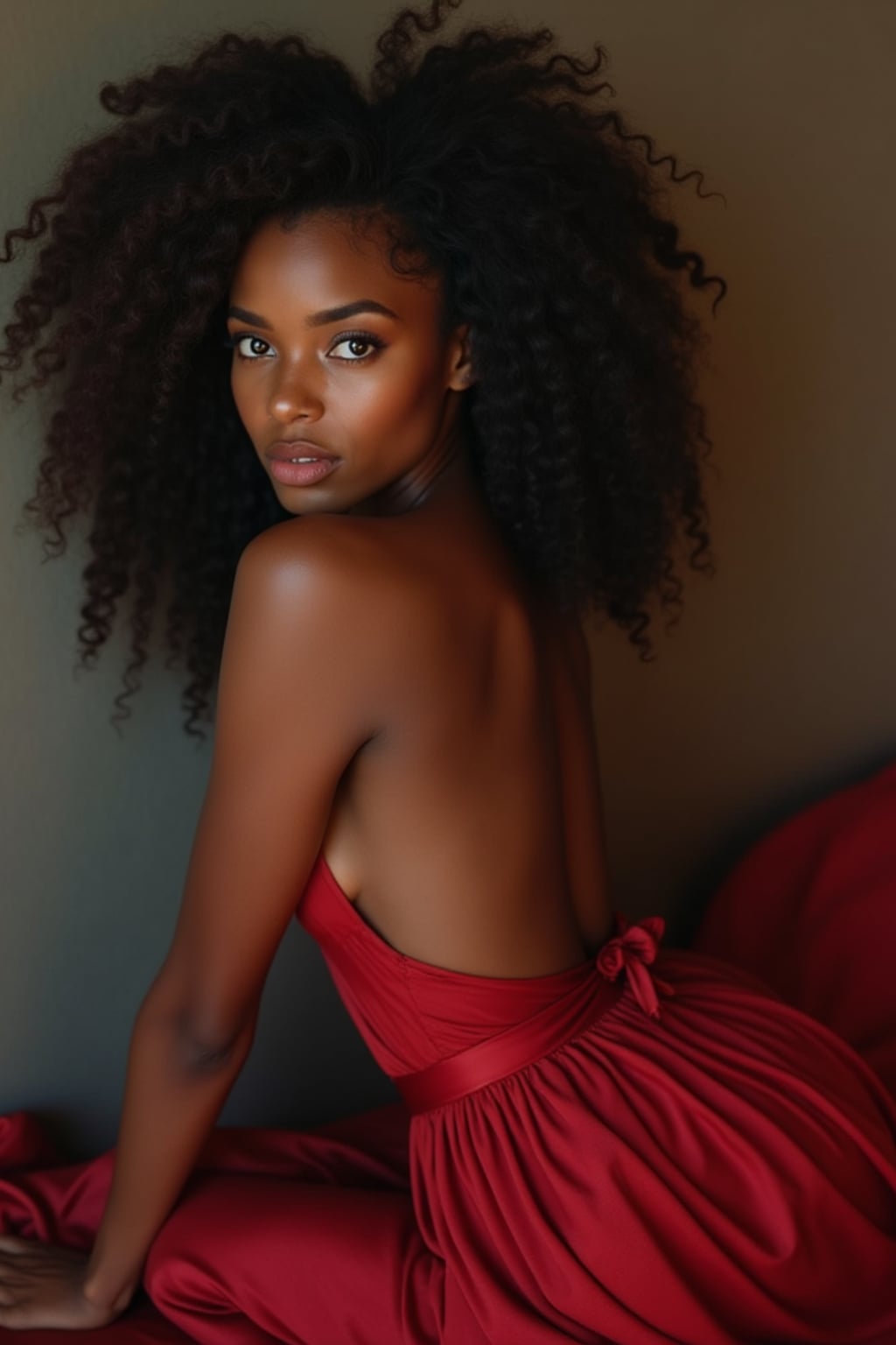 Model in a fine art boudoir style portrait. Flowing silk, seductive pose . Soft natural lighting, painterly quality.