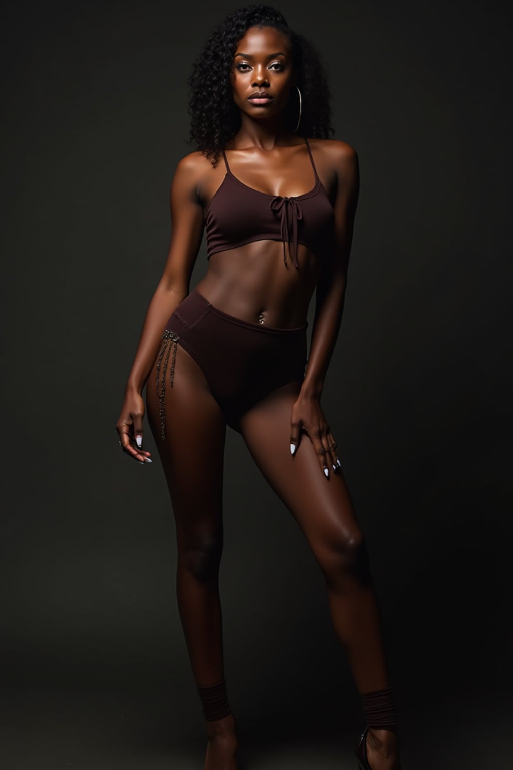 Full body portrait of woman in studio lighting. Sensual stance, figure-hugging outfit . Professional studio setup, dramatic lighting.