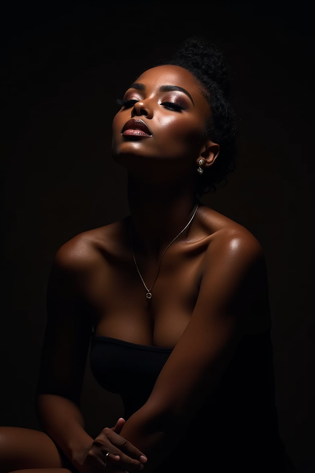 Sensual portrait of woman with dramatic Rembrandt lighting. Alluring pose, sultry makeup . Studio lighting setup, artistic composition.
