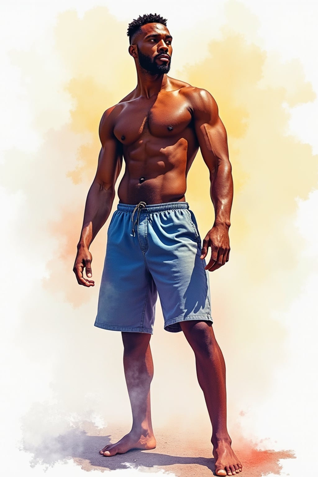 Full body artistic portrait of man as a watercolor painting.  Strong stance, vibrant hues. Delicate brushwork, ethereal quality.
