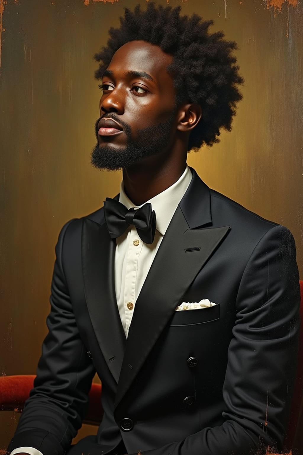 Model transformed into an oil painting portrait.  Classic pose, formal attire. Renaissance style, rich textures, artistic brushstrokes.