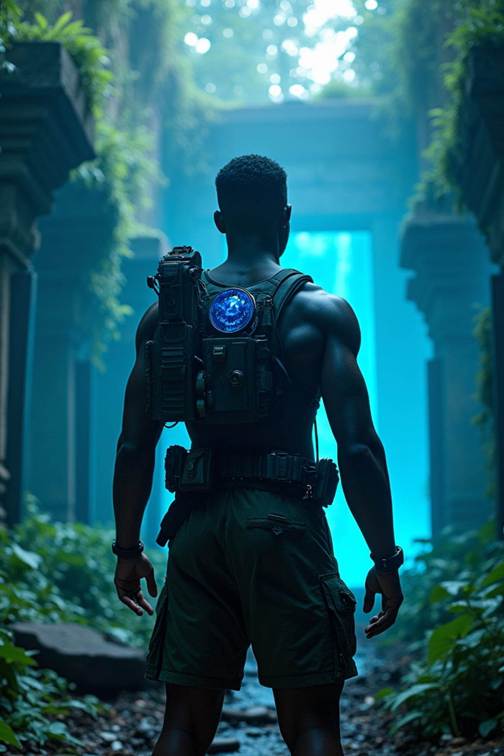 Model standing before an ancient jungle temple glowing with blue energy.  Wearing rugged survival armor with utility belt. Overgrown ruins, tropical light shafts, mystical vibe.