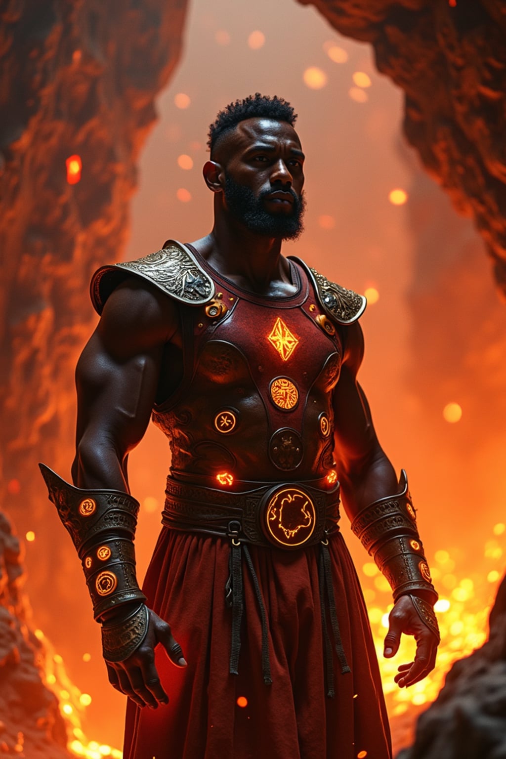 Model inside a magical lava cave surrounded by glowing crystals and firelight.  Wearing enchanted leather armor with glowing glyphs. Fantasy RPG style, molten rock, ritual atmosphere.