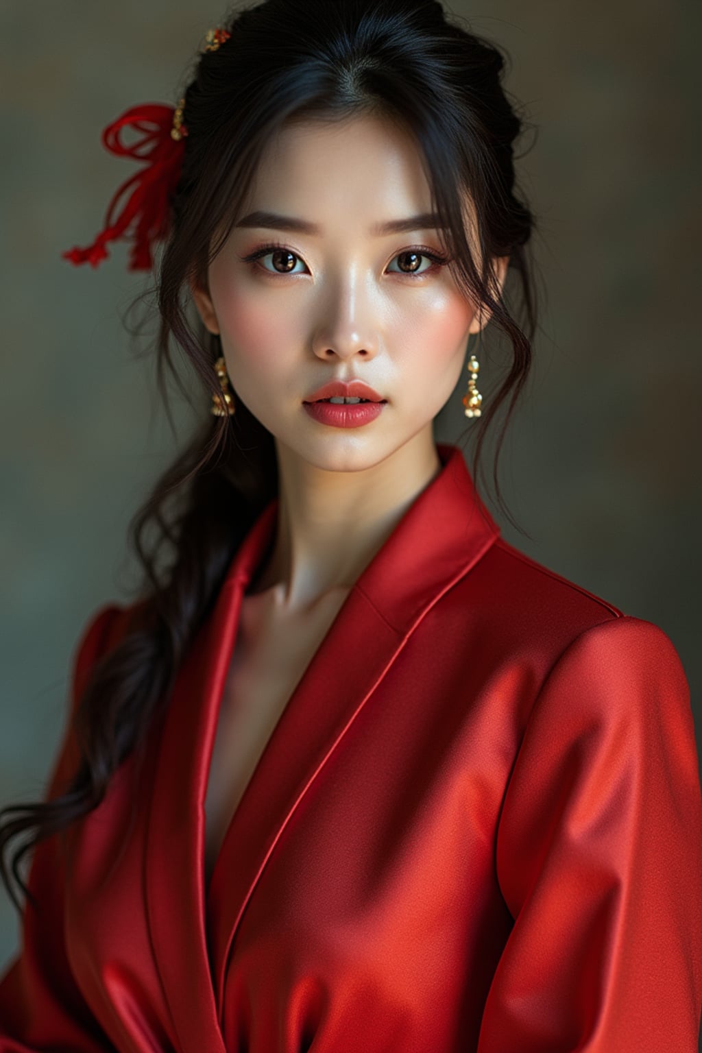 Full body artistic portrait of woman. Alluring pose, elegant outfit . Fine art photography style.