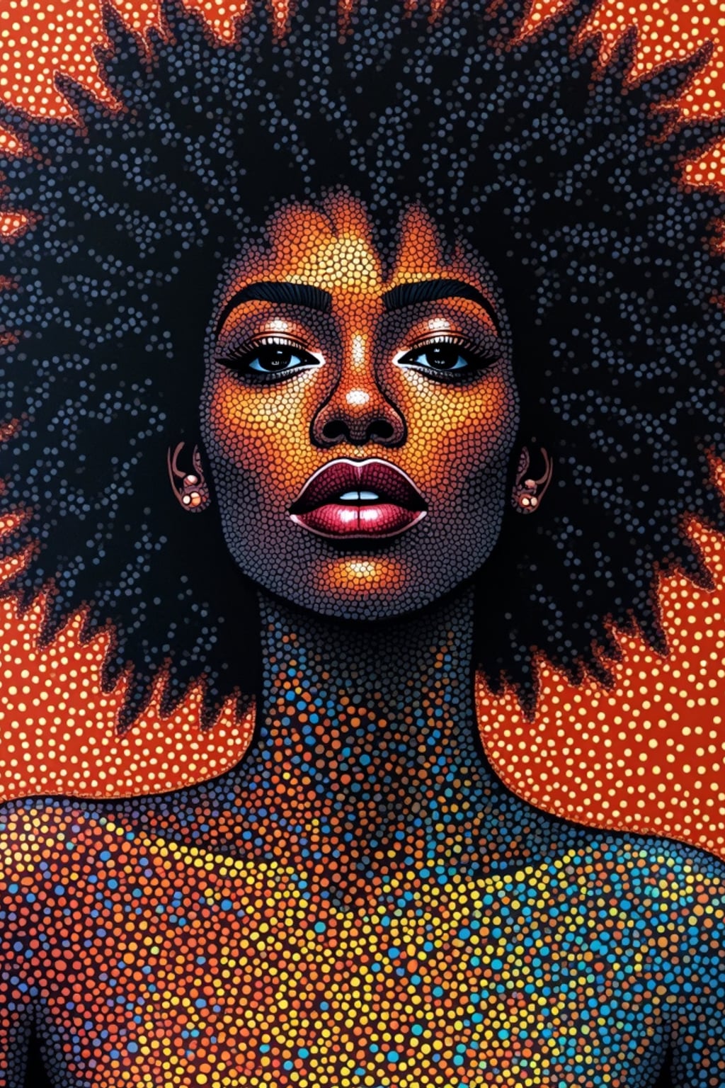 Model transformed into a pointillist painting. Dotted texture, vibrant colors . Seurat-inspired style.