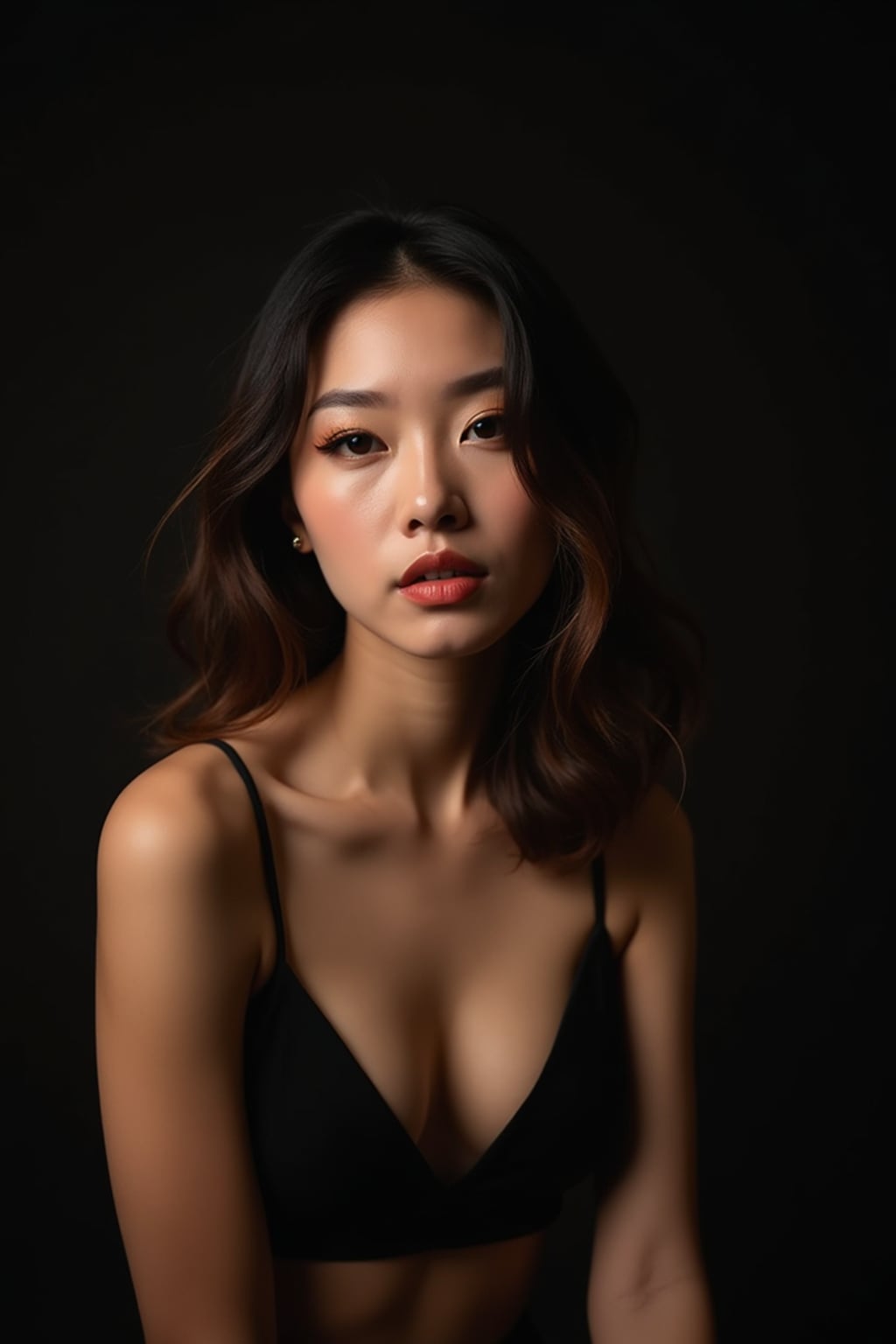 Sensual portrait of woman with dramatic Rembrandt lighting. Alluring pose, sultry makeup . Studio lighting setup, artistic composition.