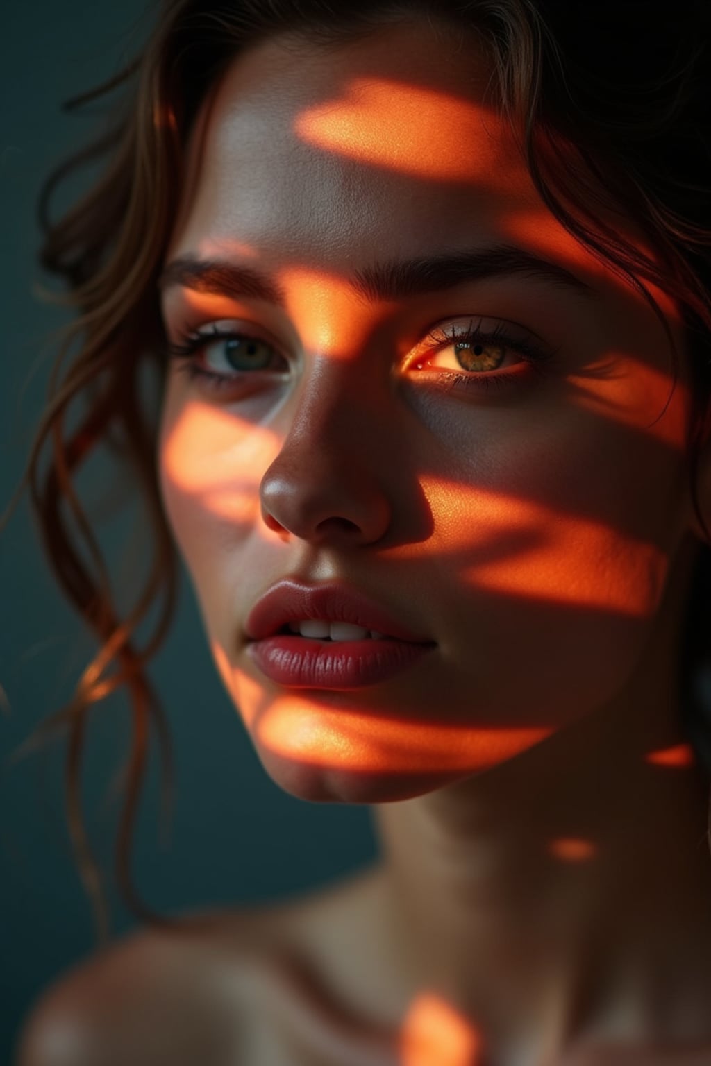 Artistic close-up of woman with creative lighting. Unique lighting patterns across face, sensual expression . Experimental photography style.