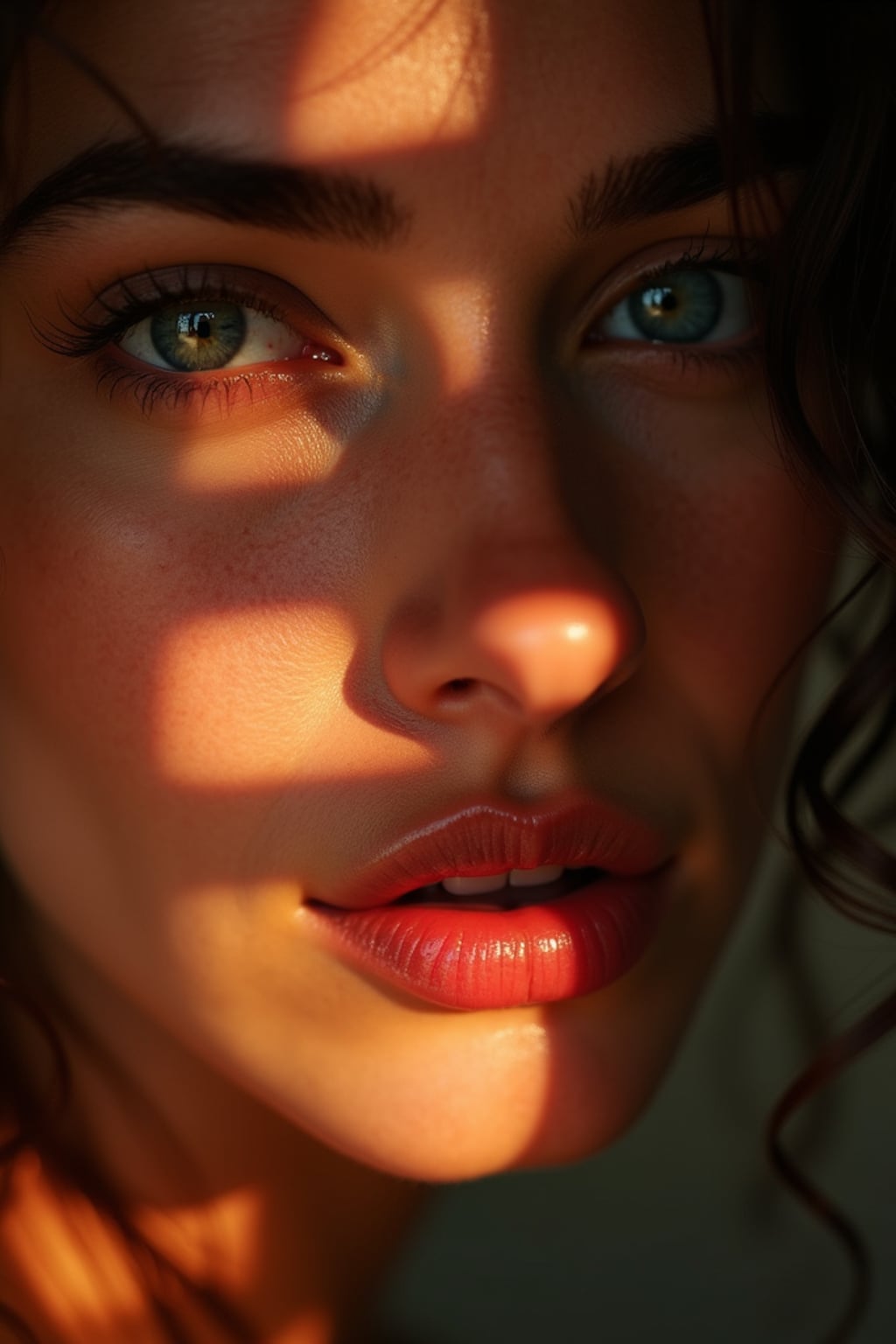 Artistic close-up of woman with creative lighting. Unique lighting patterns across face, sensual expression . Experimental photography style.