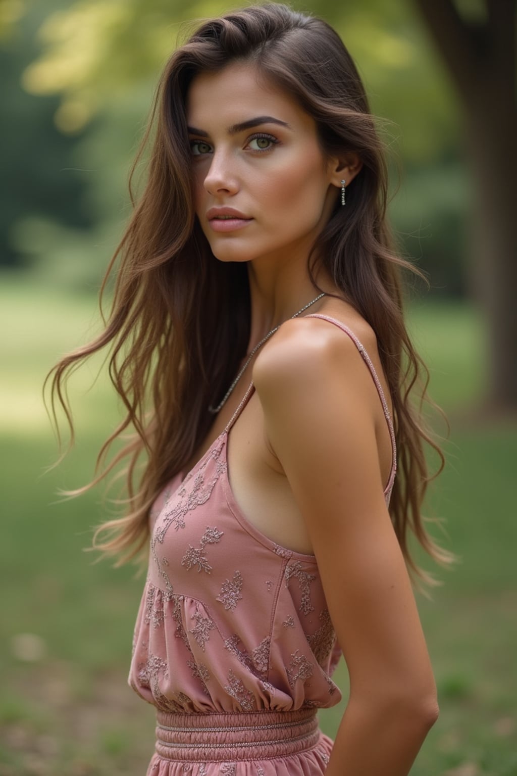 Full body outdoor portrait of woman. Alluring pose in outdoor setting . Outdoor photography.