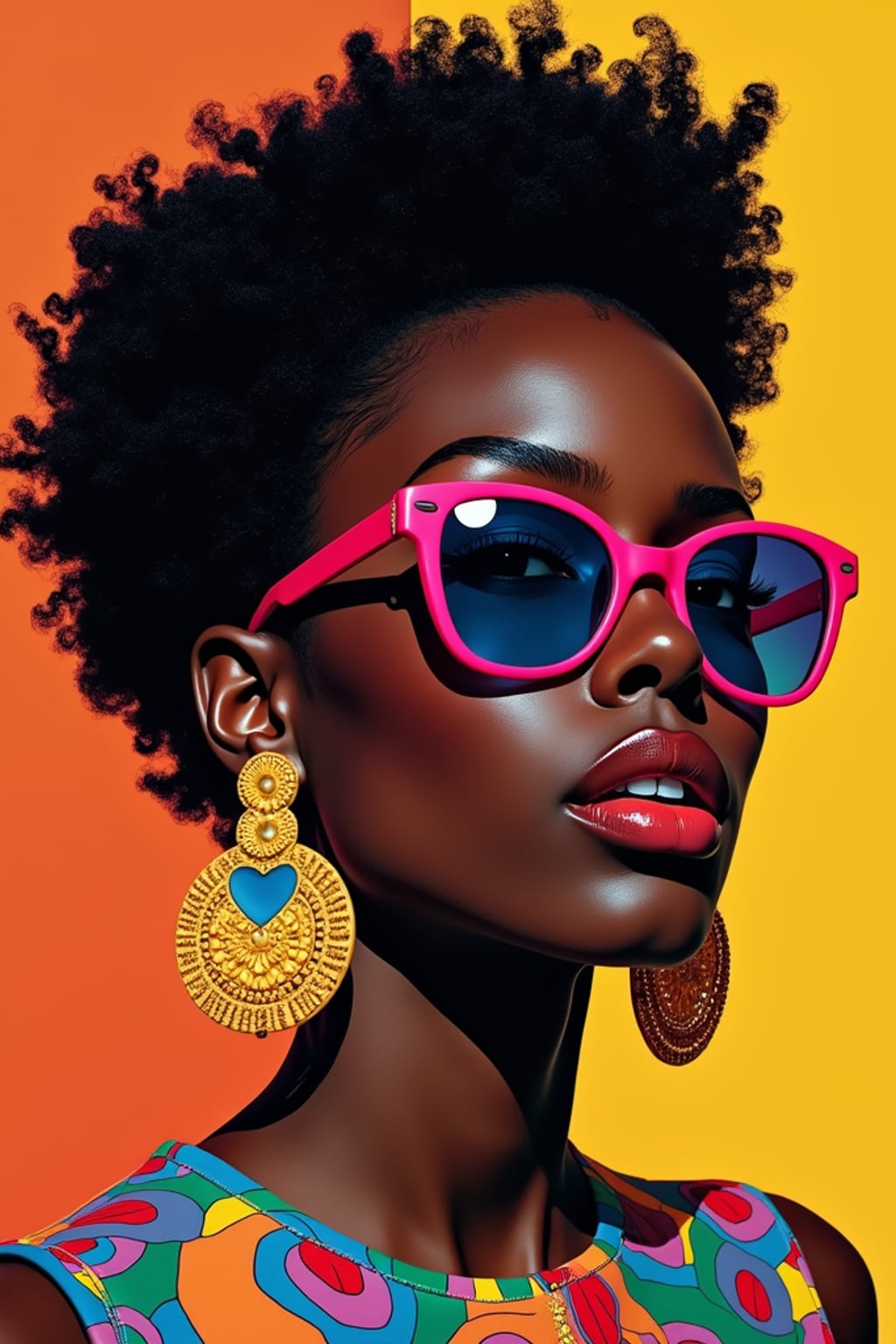 Model reimagined as a pop art portrait. Bold colors, graphic style . Andy Warhol inspired, vibrant palette.
