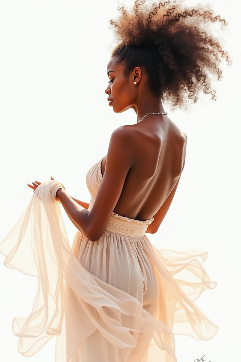 Full body artistic portrait of woman as a watercolor painting. Graceful pose, soft flowing colors . Delicate brushwork, ethereal quality.