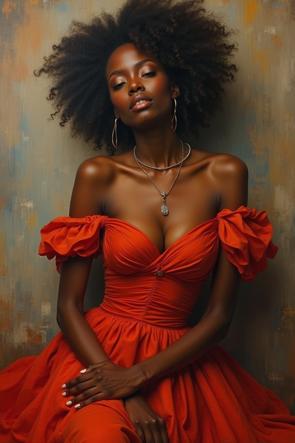 Model transformed into an oil painting portrait. Elegant pose, flowing dress . Renaissance style, rich textures, artistic brushstrokes.