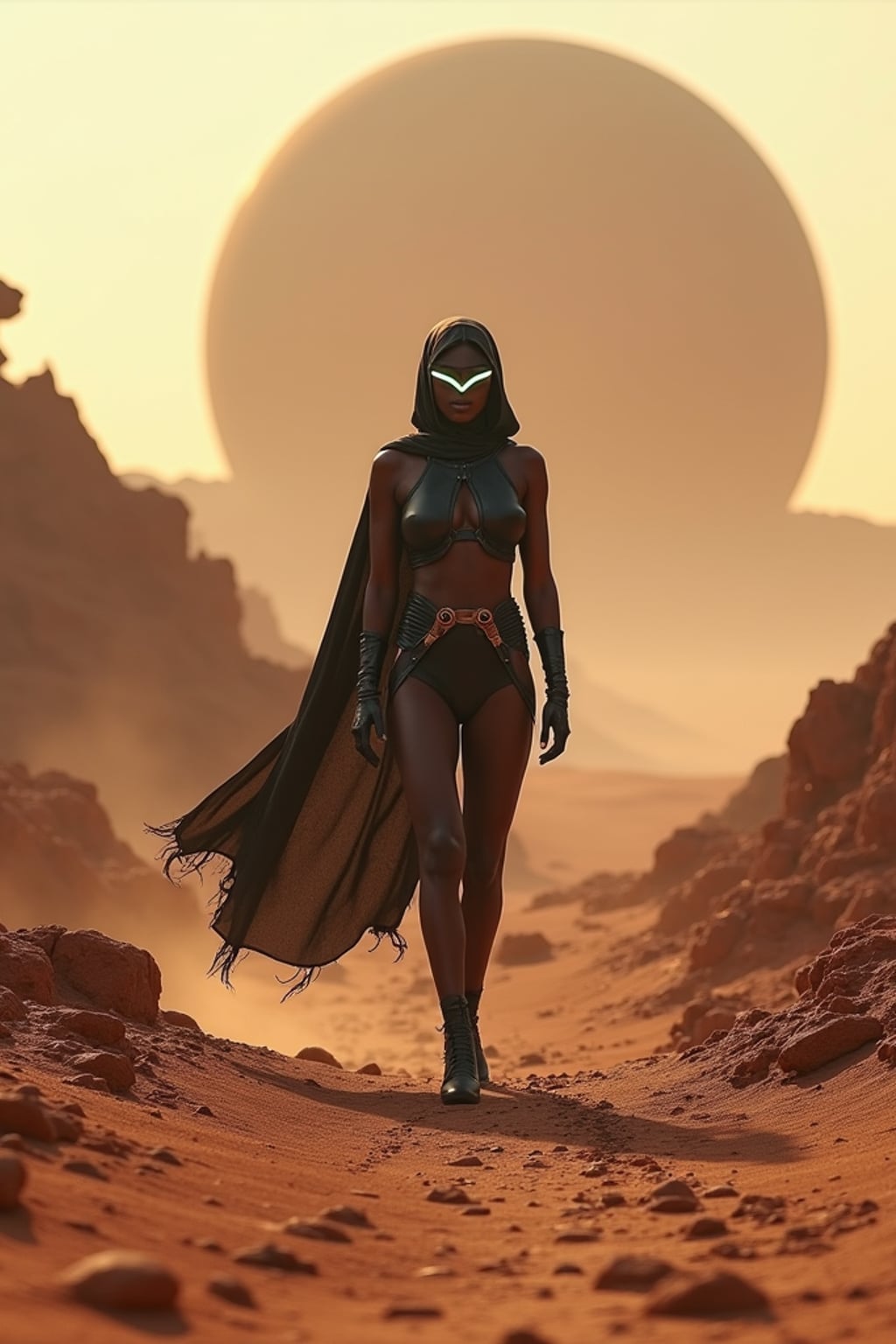 Model walking through a rocky alien desert toward a giant sphere structure. Wearing sci-fi cloak and bodysuit with glowing visor . Futuristic Mars-like terrain, cinematic sci-fi style.