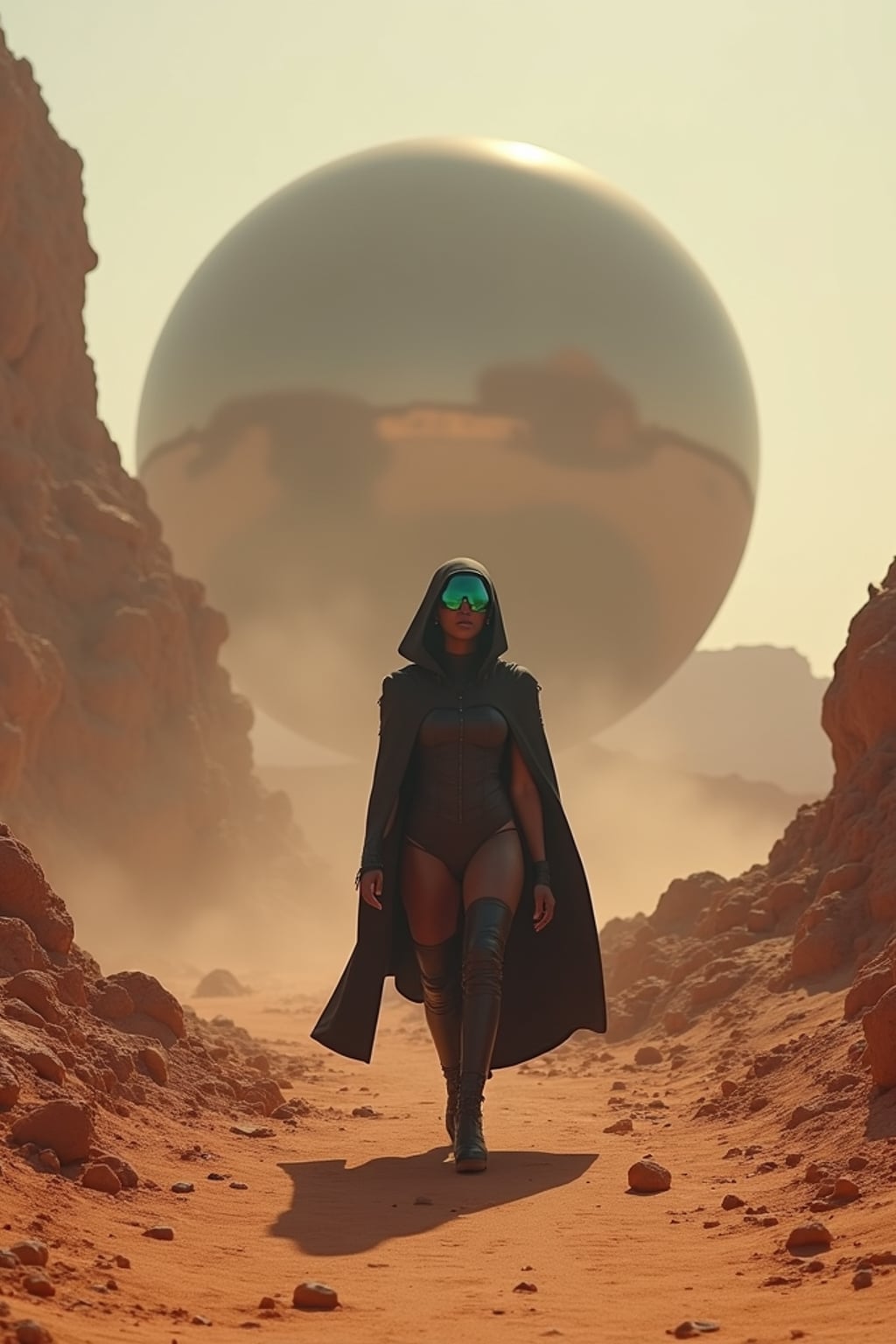 Model walking through a rocky alien desert toward a giant sphere structure. Wearing sci-fi cloak and bodysuit with glowing visor . Futuristic Mars-like terrain, cinematic sci-fi style.