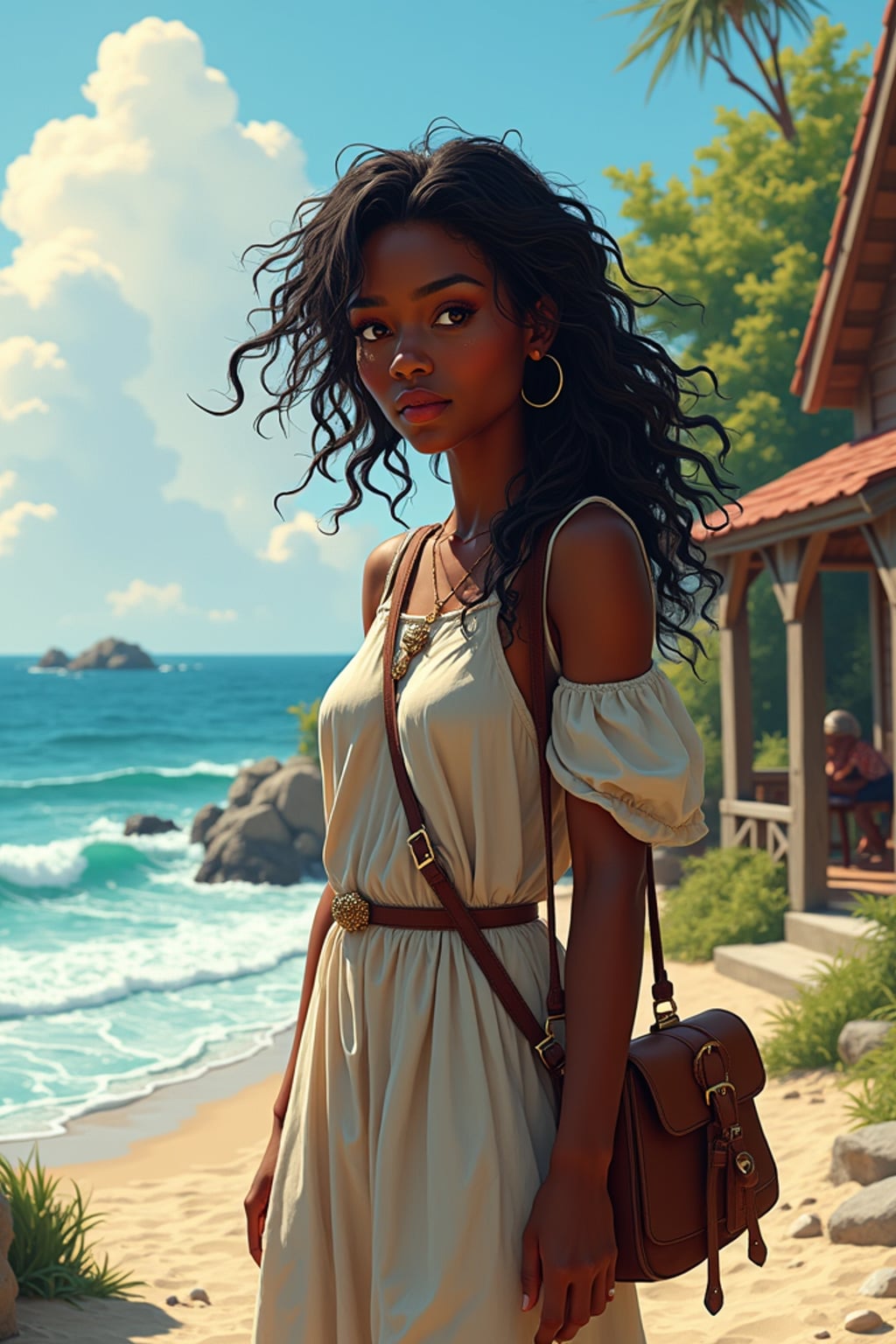 Model standing outside a wooden village by the sea. Wearing linen travel dress, satchel, windswept hair . Coastal RPG setting, colorful trees, painterly sunlight.
