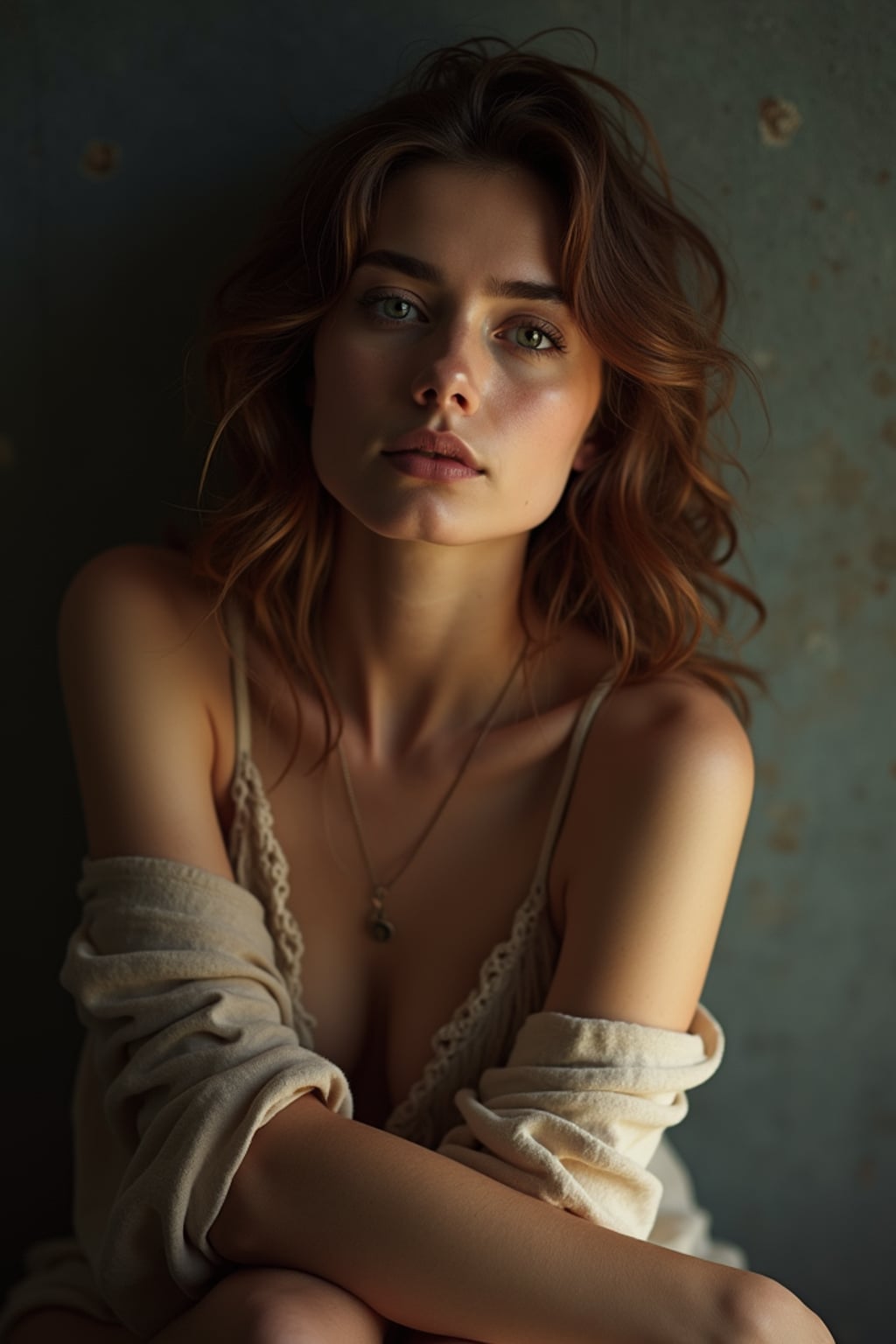 Model in an intimate environmental portrait. Alluring pose, soft natural lighting . Documentary style photography.