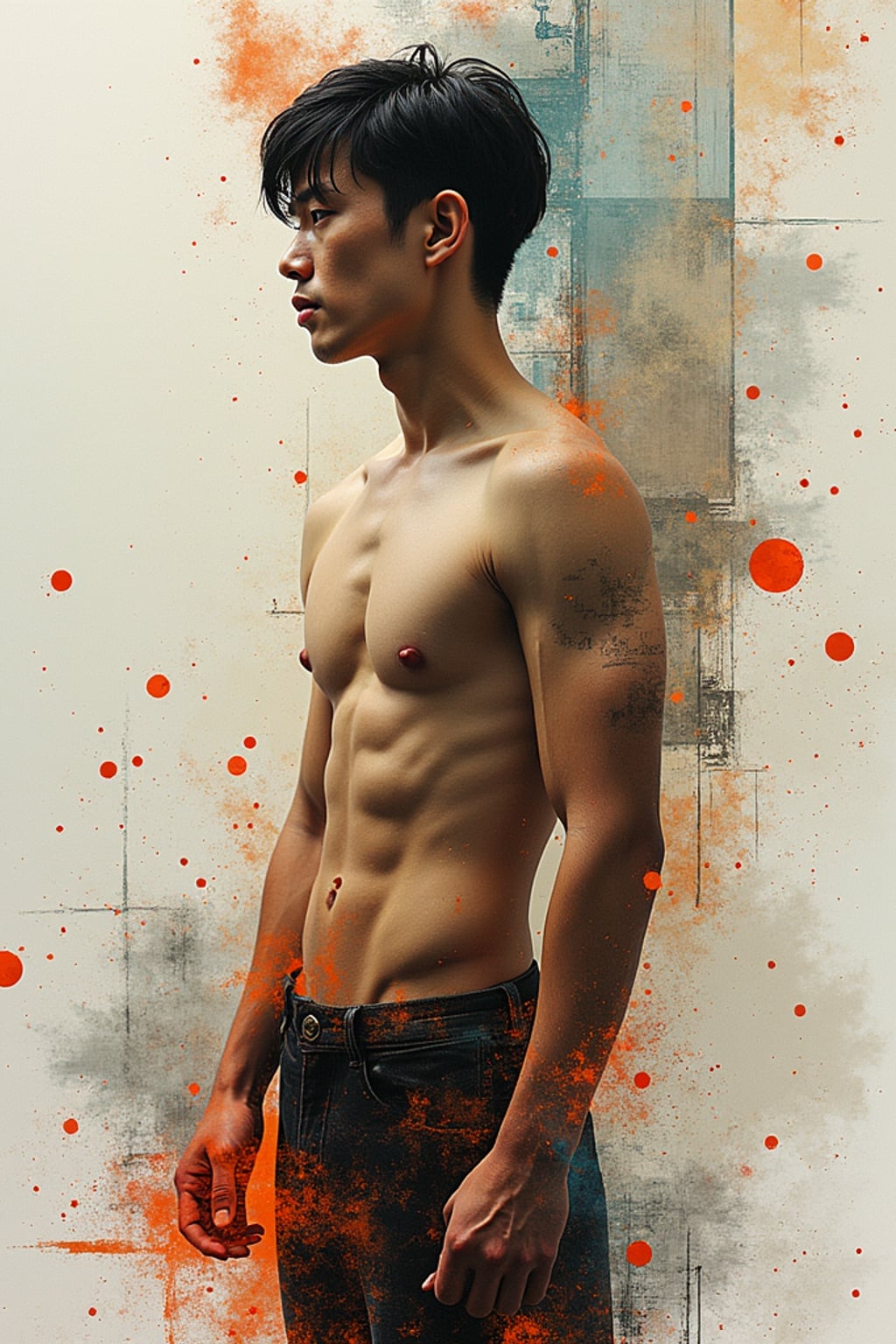 Full body portrait of man as a mixed media artwork.  Layered elements, creative composition. Gallery quality art.