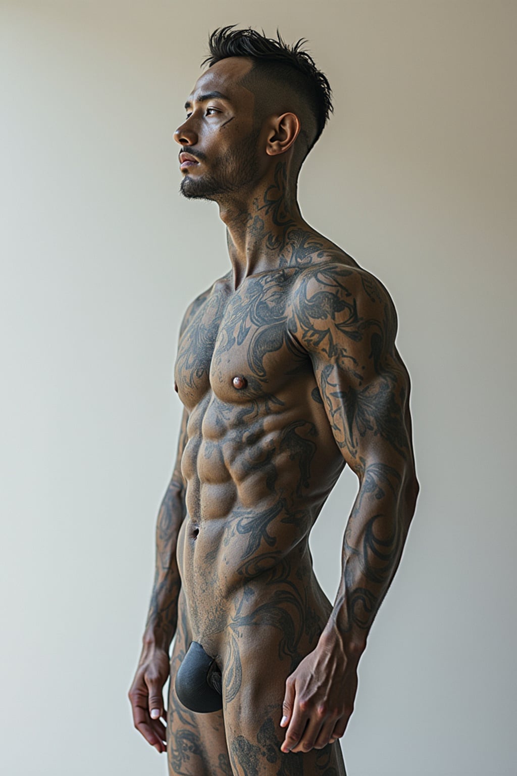 Full body portrait of man as a contemporary sculpture.  Abstract elements, creative composition. Gallery installation style.